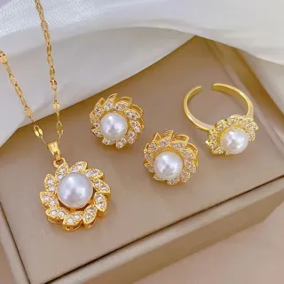 Fashion White Pearl Golden Pendant Set (4 pcs)